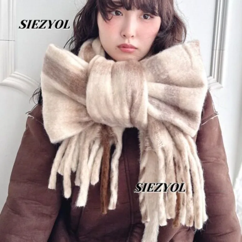 Imitation Mohair Thickened Scarf Sweet Girls Winter Warm Japanese Men and Women Couples Extended Fringed Plaid Scarf