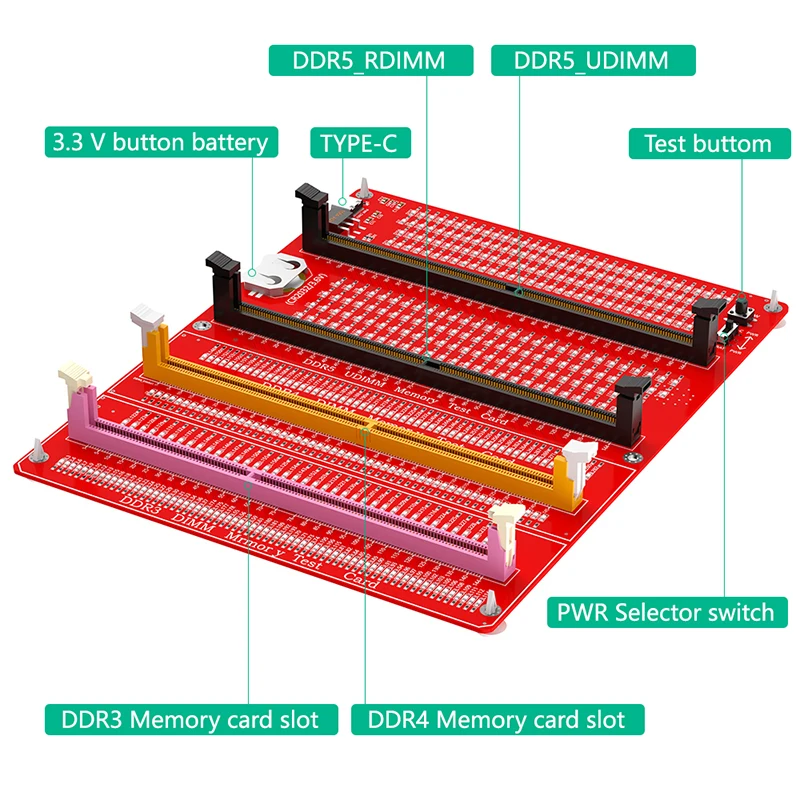Supply Test Button Desktop Computer DDR3/4/5 RDIMM/UDIMM Memory Tester DDR3/4/5 Memory Test Card with LED Indicator Type C Power