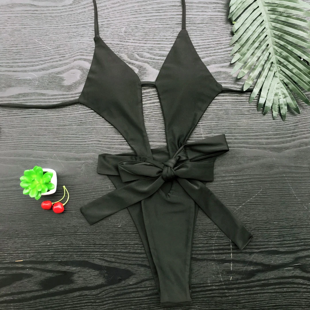 Geknoteter, rückenfreier, ausgeschnittener Neckholder-Badeanzug, einteiliger Badeanzug für Damen, Monokini, hoch geschnittener Badeanzug, Badebekleidung, Damenbadeanzug V3817 – Detail 3