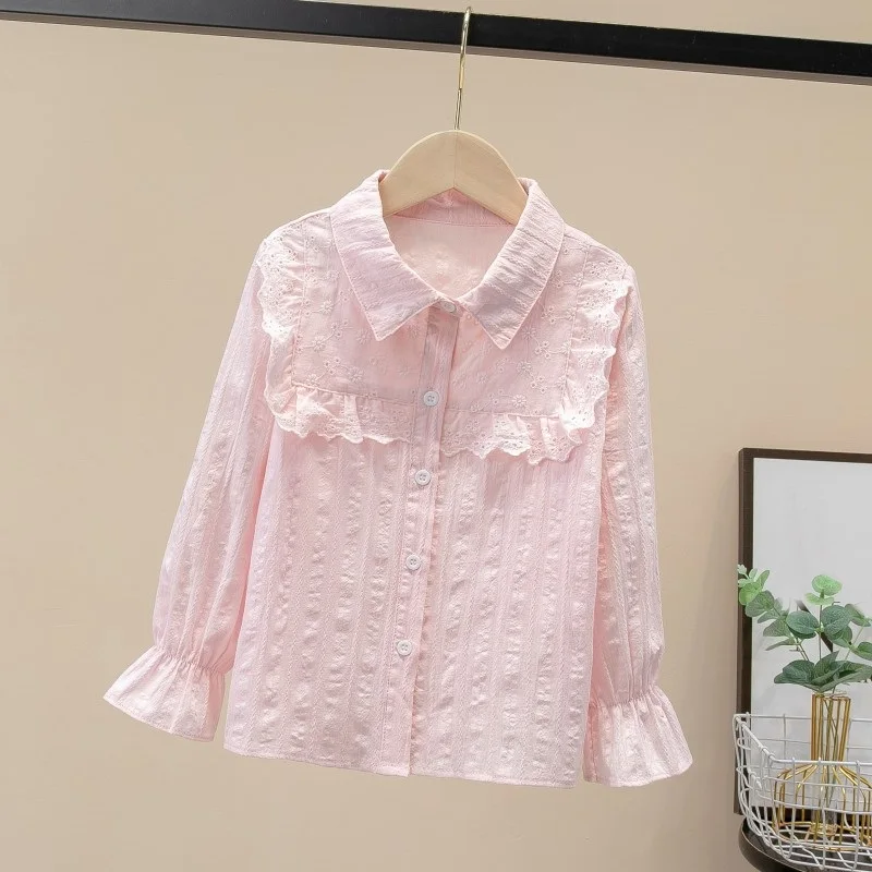 Spring Autumn Baby Toddler Teenage Girls Ruffles Lace Blouse Long Sleeve School Girl Cotton Shirt Kids Shirts 6 8 10 12 14 Years