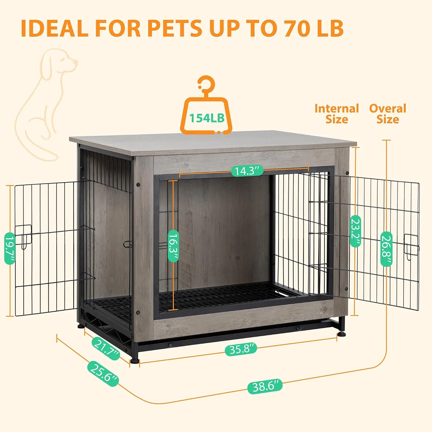 Wooden Dog Crate Furniture for Large Dog, L Double-Door Kennel Indoor with Removable Tray,