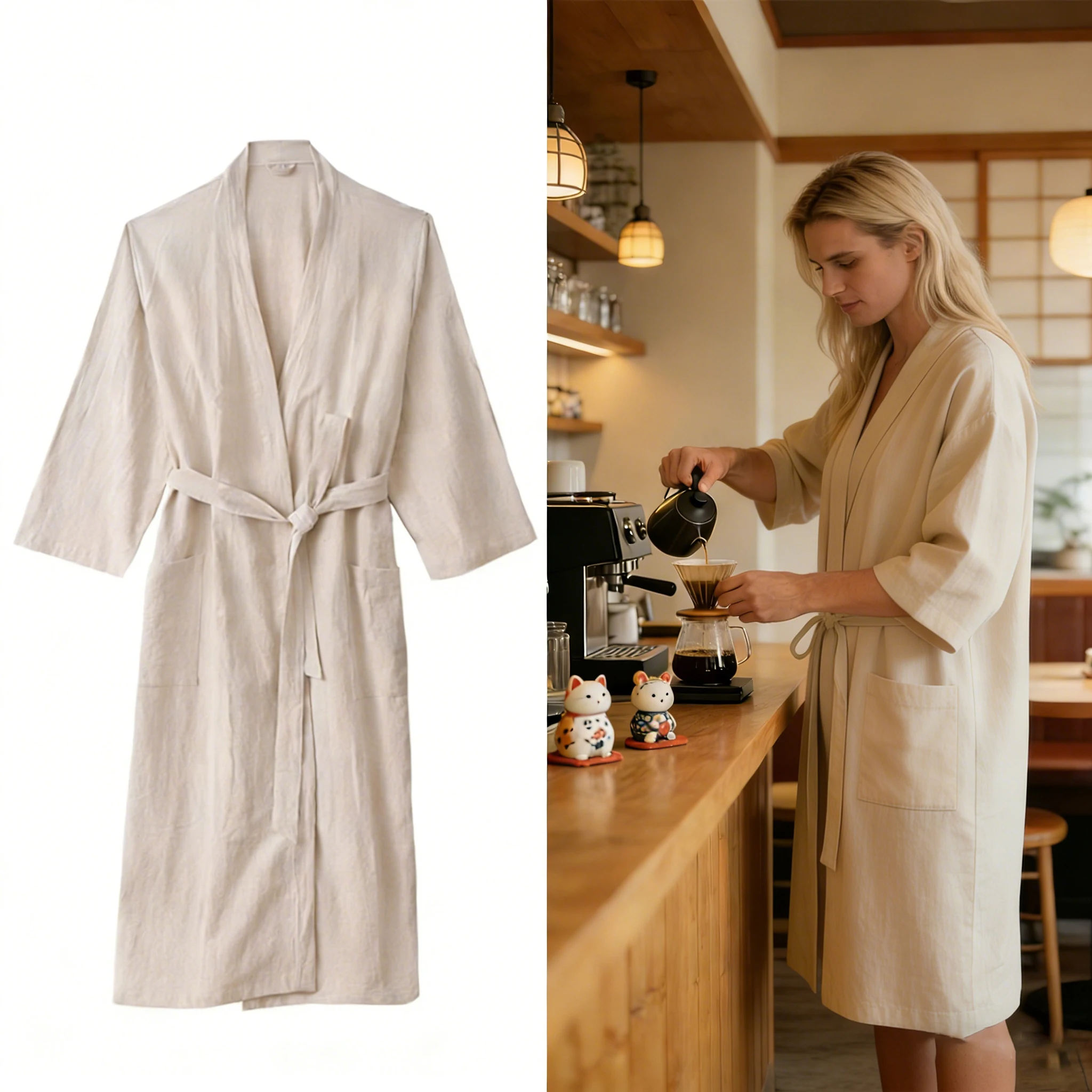 

Solid Color Linen Kimono Bathrobe Nightgown Loose Men and Women Dressing Gown Sleepwear Nightwear Hotel Robe