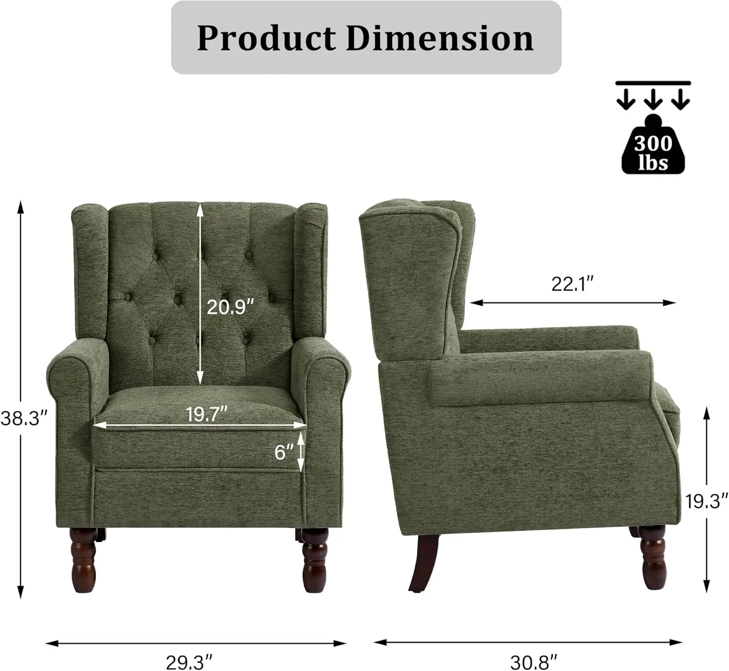 Green Fabric Wingback Accent Chair for Living Room and Bedroom, Button-Tufted with Solid Wood Legs