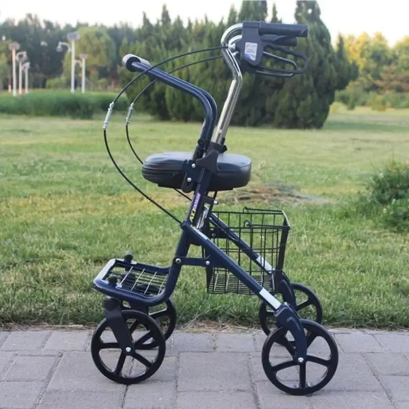 Elderly folding shopping scooter, elderly portable trolley, four-wheel push, can sit and help drive, grocery shopping