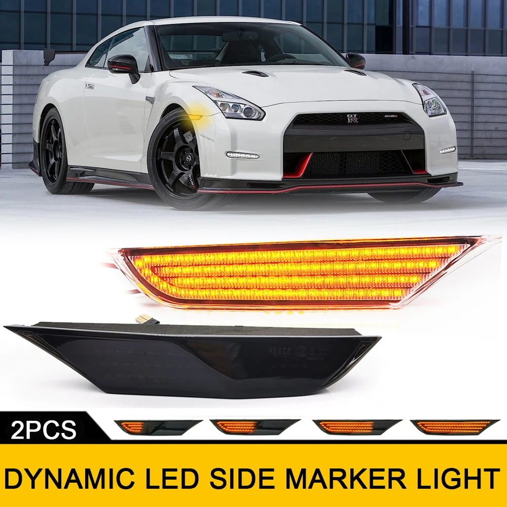 

2pcs Dynamic Amber LED Front Side Marker Lights For Nissan GTR R35 Coupe GT-R 07-21 Turn Signal Blinker Indicator Lamps