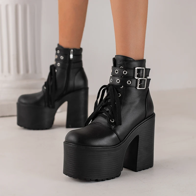 Double Belt Buckle Cross Lace Up Round Metal Hole Women\'s Ankle Boots Super High Platform Chunky Heel Side Zipper Short Boots