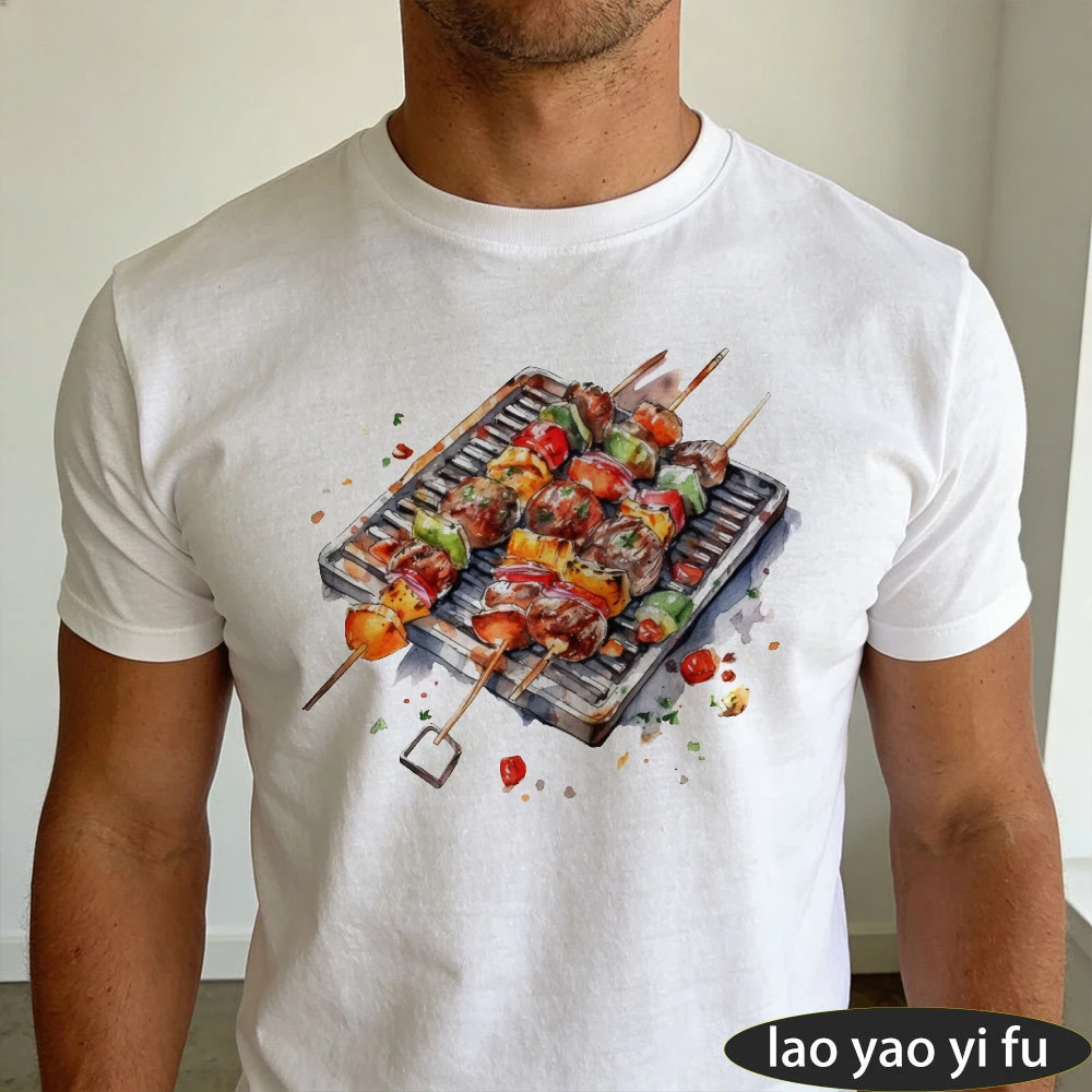 Watercolor Grilled Veggie Meat Skewers Grill Plate Graphic Men Summer T Shirt BBQ Food Art Casual Short Sleeve Tee