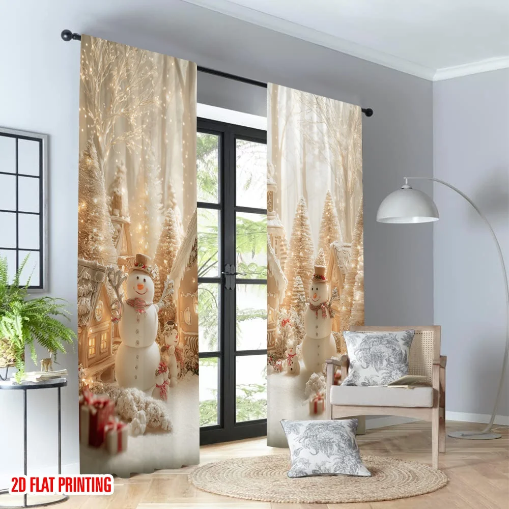 2 قطعة 2D الطباعة المسطحة عيد الميلاد سعيد موضة الستائر دافئ ثلج عيد الميلاد قرية الرقمية المطبوعة البوليستر الستائر احتفالية #4