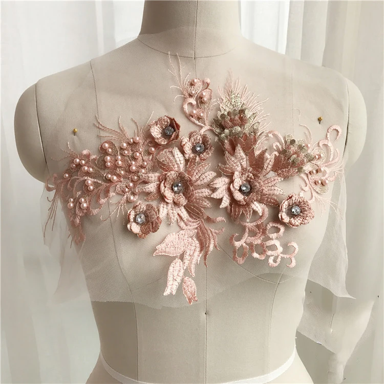 Beaded 3D Flowers Pearl Embroidery Patch Costume For Wedding/Evening Dress Clothing Sew On Patches Floral Lace Fabrics Applique