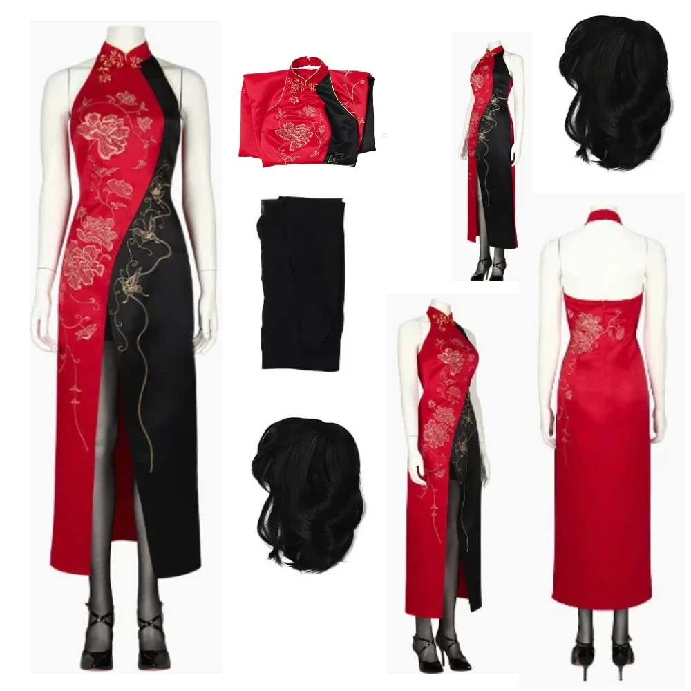 Disfraz de Cosplay de Ada Wong de la Película de Terror Resident Evil 4, Peluca Marrón, Cheongsam Dividido, Medias, Atuendo Sexy de Agente para Mujer, Traje de Halloween