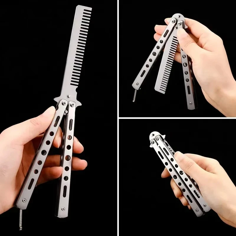 Pente dobrável de aço inoxidável, prática de treinamento, faca borboleta, pente, barba, bigode, salão de cabeleireiro, ferramenta de estilo de cabelo