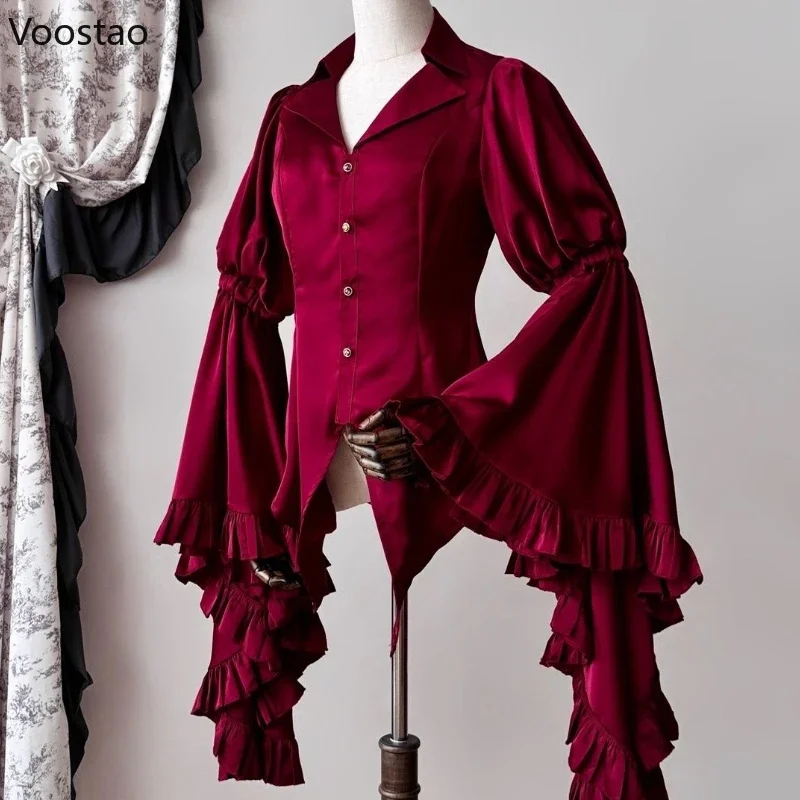 Victorian Vintage Lolita Shirts Casual Women Elegant Gothic Flare Sleeve Blouses Sweet Female Y2k Aesthetic Retro Tops Blusas