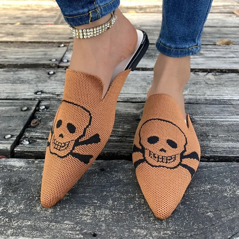 Woman Mules Shoes Outdoor Women Slippers Knit Pointed Toe Shallow Low-heel Casual Footwear Comfortable Skull Slides Embroidery