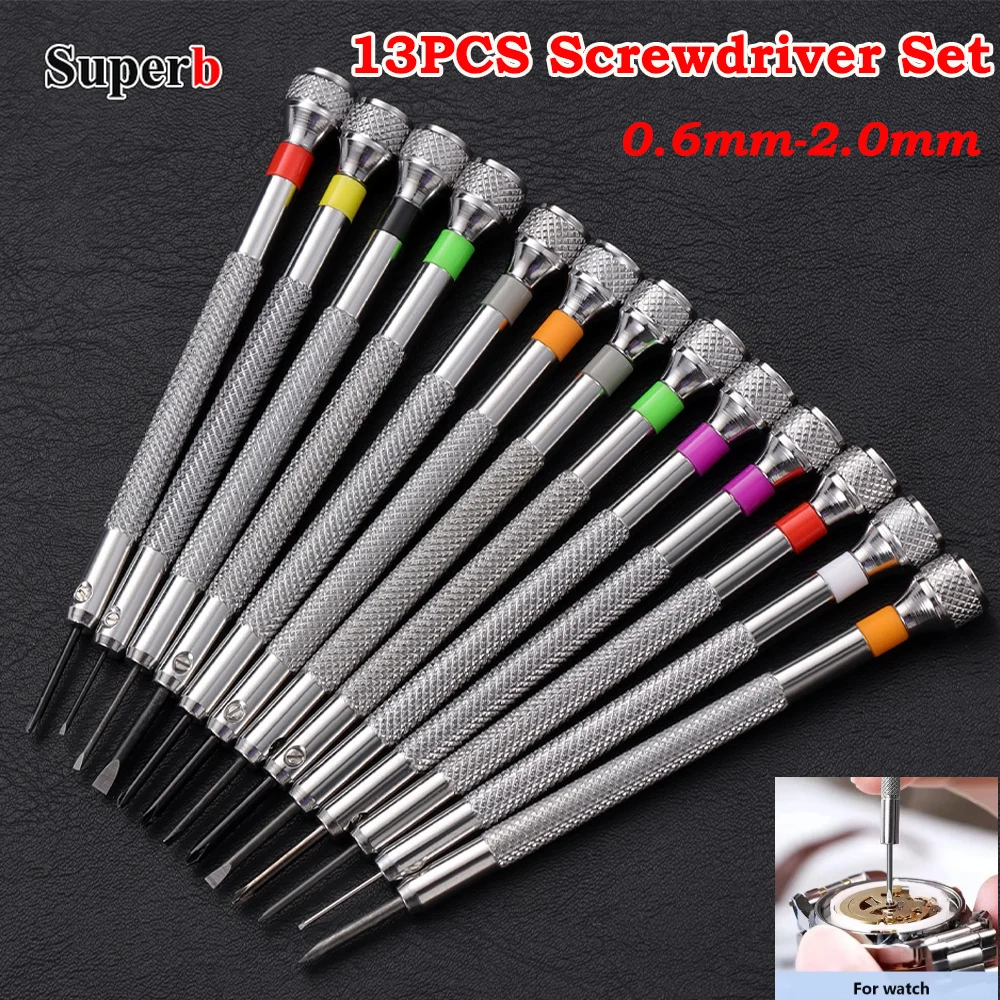 0.6mm-2.0mm Slotted/Cross Watch Repairs 13PCS Screwdriver Set Professional Screw Driver Kit for Watchmakers Watch Repair Tools