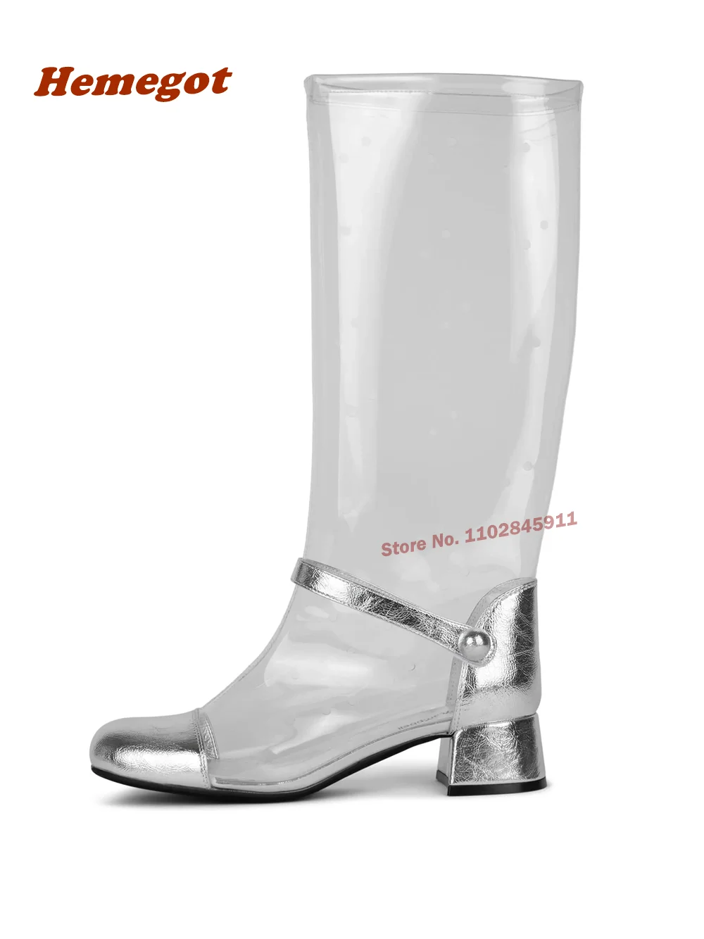 Knee-High Round Toe Boots with Clear Vinyl Shaft Button Block Heel Glossy Pvc Patchwork Women's Boots Plus Size 46 Casual Shoes