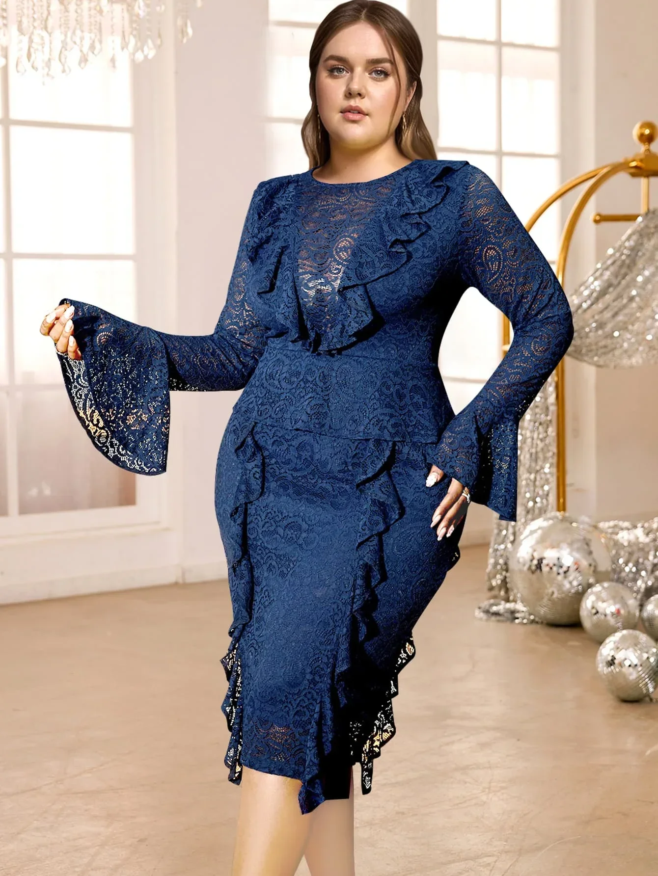 Women Retro Lace Evening Party Dress O Neck Perspective Long Bell Sleeve High Waist Bodycon Elegant Gowns Prom Banquet Plus Size