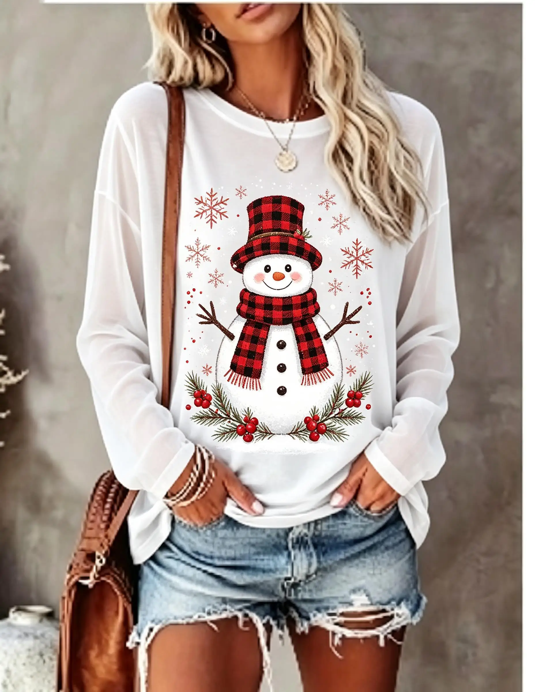 Women Long Sleeve T‑Shirt Christmas Plaid Hat Scarf Snowman Snowflake Holly Berry Print Crew Neck Casual Winter Tops