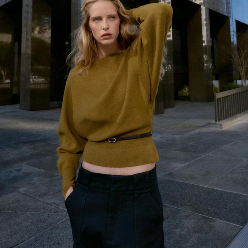 Winter nieuwe collectie Dames Lazy Sle Long Sve Gebreide trui met één schouder en riem Franse Sle Loose Fit Casual Polyes...