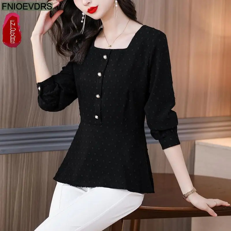 S-3XL 2023 Women Autumn Basic Wear Elegant Office Lady Work Button Shirt Casual Red Retro Vintage Peplum Tops And Blouses