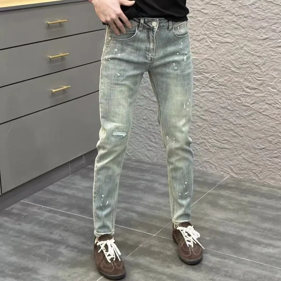 

Мужские джинсы в стиле ретро с американским пэчворком и эффектом брызг, модные зауженные длинные брюки, корейские повседневные прямые джинсы