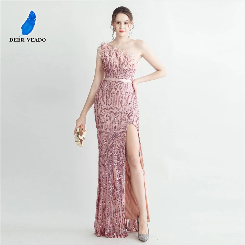 

Сексуальное вечернее платье DEERVEADO с разрезом, шикарное макси-платье для выпускного вечера с перьями, на одно плечо, для выпускного бала, вечернее платье