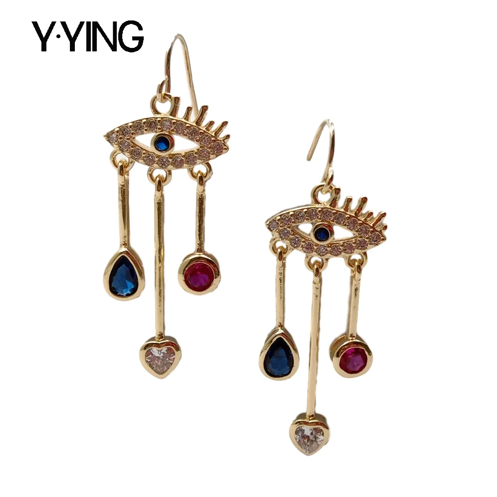 Y·YING Mixed Color Cubic Zirconia Pave Tears eve Eye gold color plated Dangle Hook Earrings