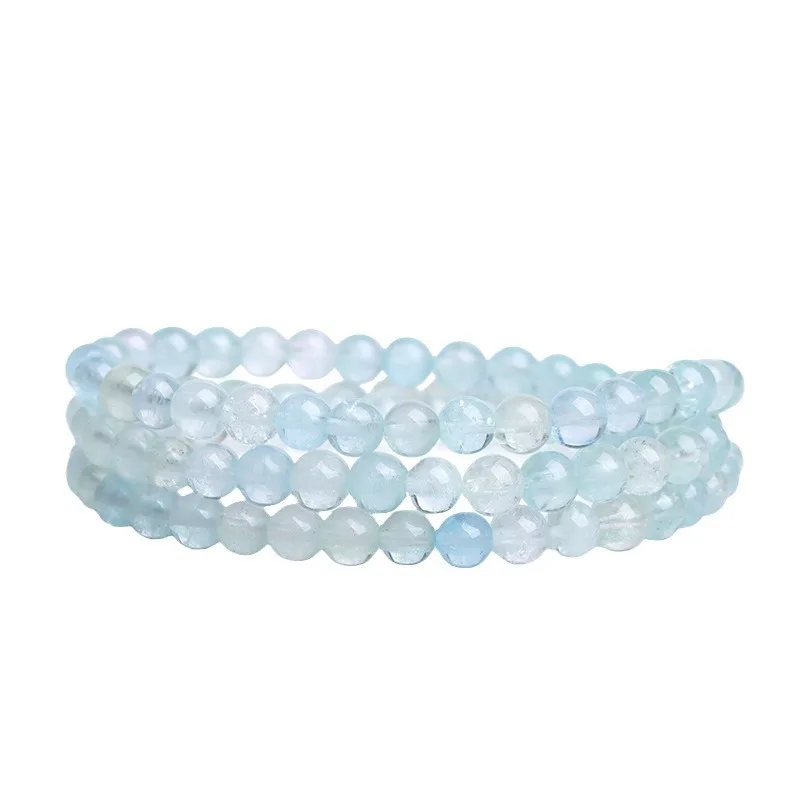 Natural Crystal Aquamarine Multi Strand Round Bead Bracelet Translucent Creamy Women Jewelry Holiday Gift