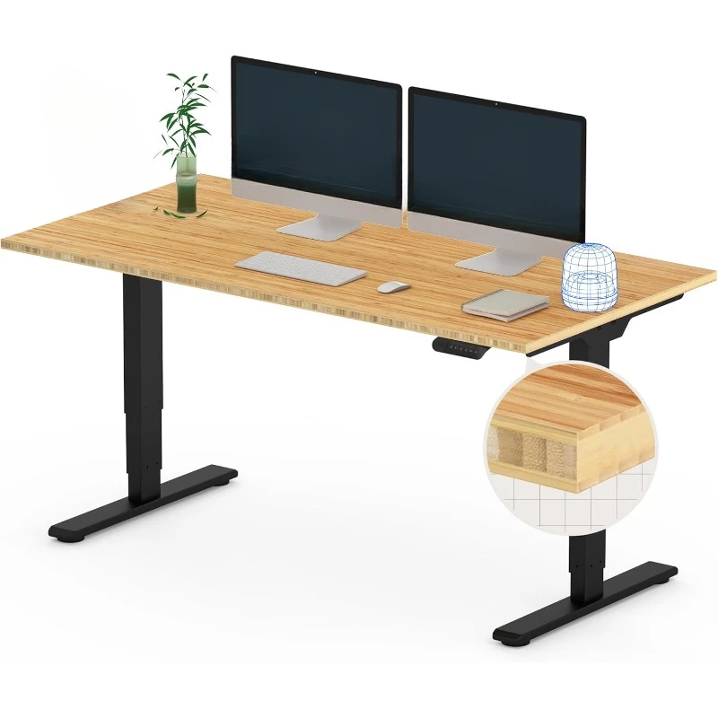 Pro Bamboo 3 Stages Dual Motor Electric Standing Desk 55x28 Inches Whole-Piece Desk Board Height Adjustable Desk