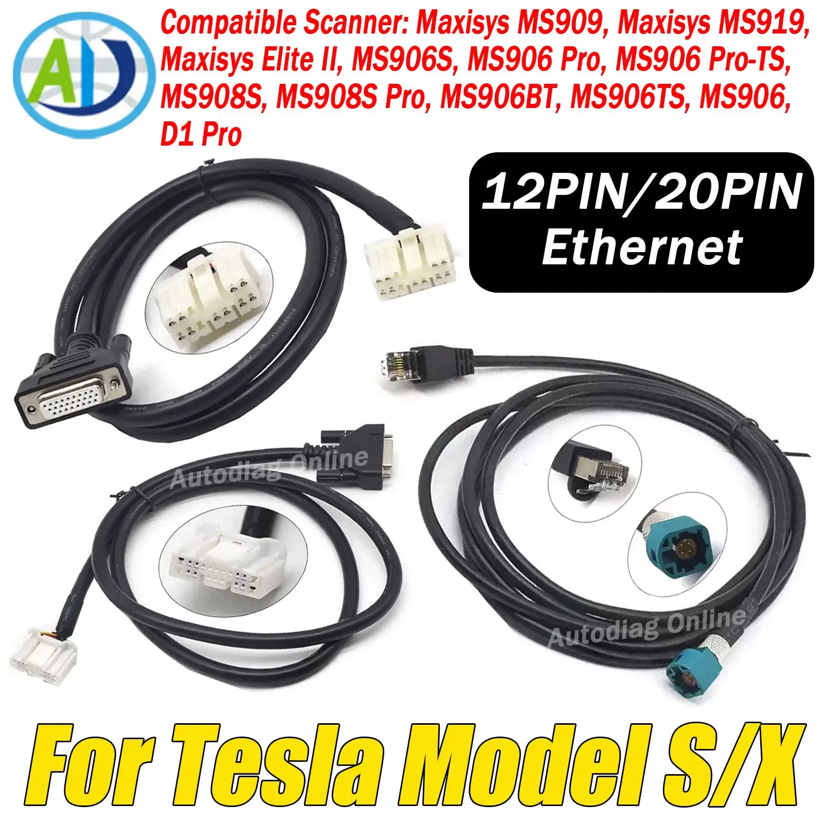 

For Tesla Model S/X Diagnostic Connector For Autel MaxiSYS Ultra/MS909/MS919 12pin 20pin Ethernet Car Diagnostic Service Cables