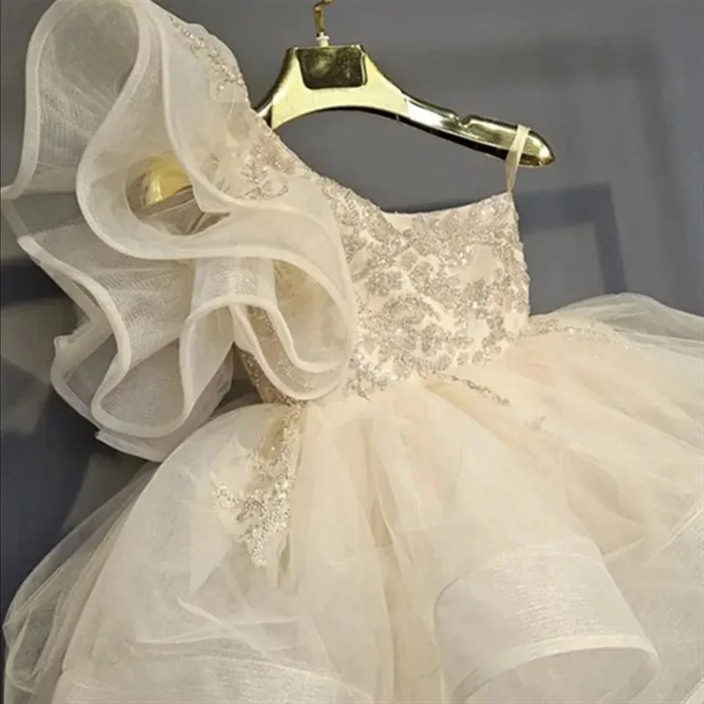 럭셔리 스팽글 플라워 걸 드레스 웨딩용 민소매 원숄더 퍼프 프린세스 생일 파티 무대 공연 볼 가운