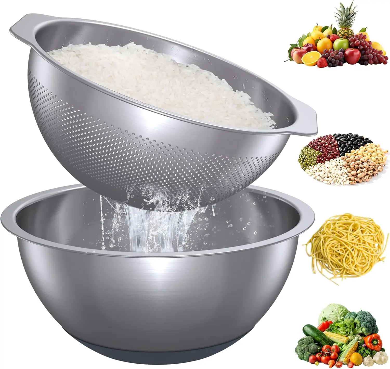 

304 Stainless Steel Colander and Strainer, 5QT Large Capacity and 6QT Mixing Bowl, Micropore for Washing Rice, Fruit, and Cooked