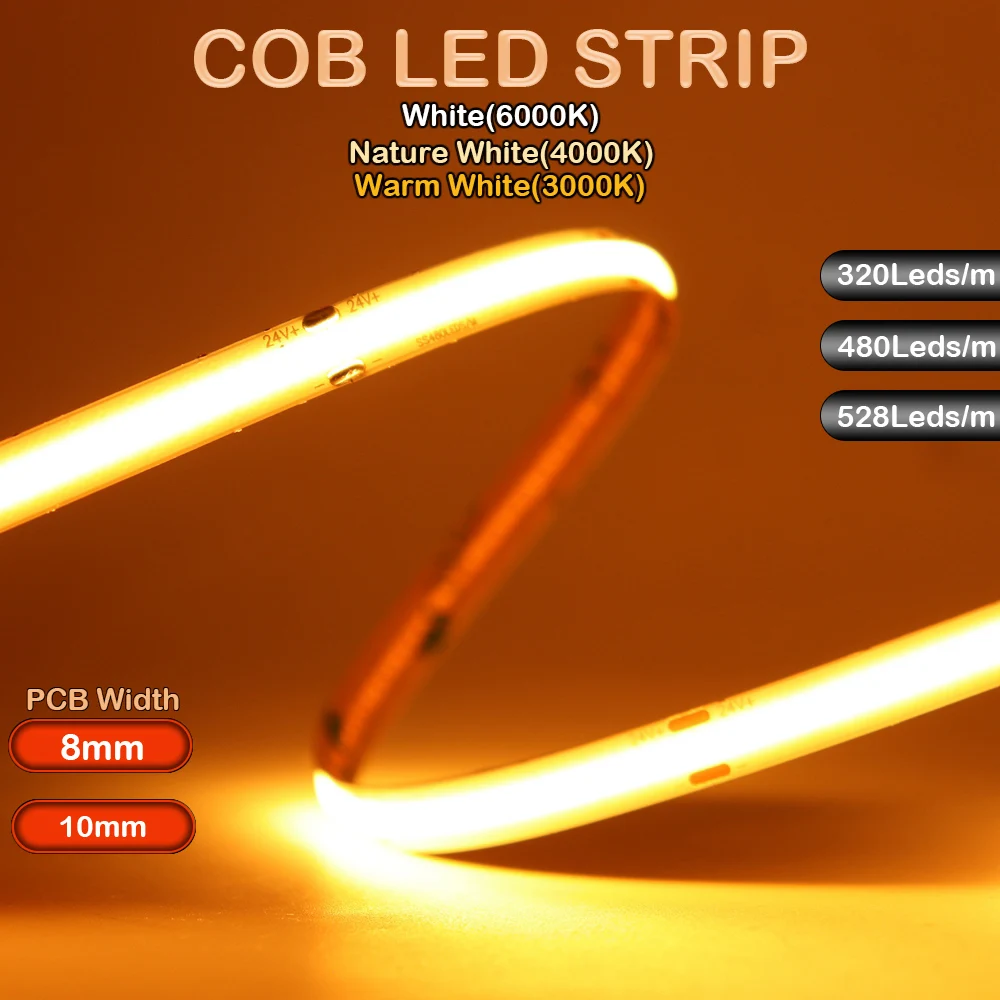 

COB LED Strip 320 480 528LEDs/m High Density Flexible Tape Ribbon 3000-6000K Red Green Blue Yellow RA90 DC12V/24V