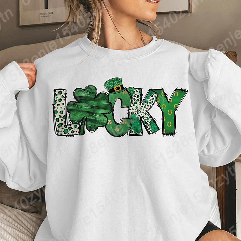 St Patty's Day Lucky Print Pullovers New Fashion Round Neck Tops Women Hoodless Sweatshirt Long-sleeved Autumn Casual Sweatshirt