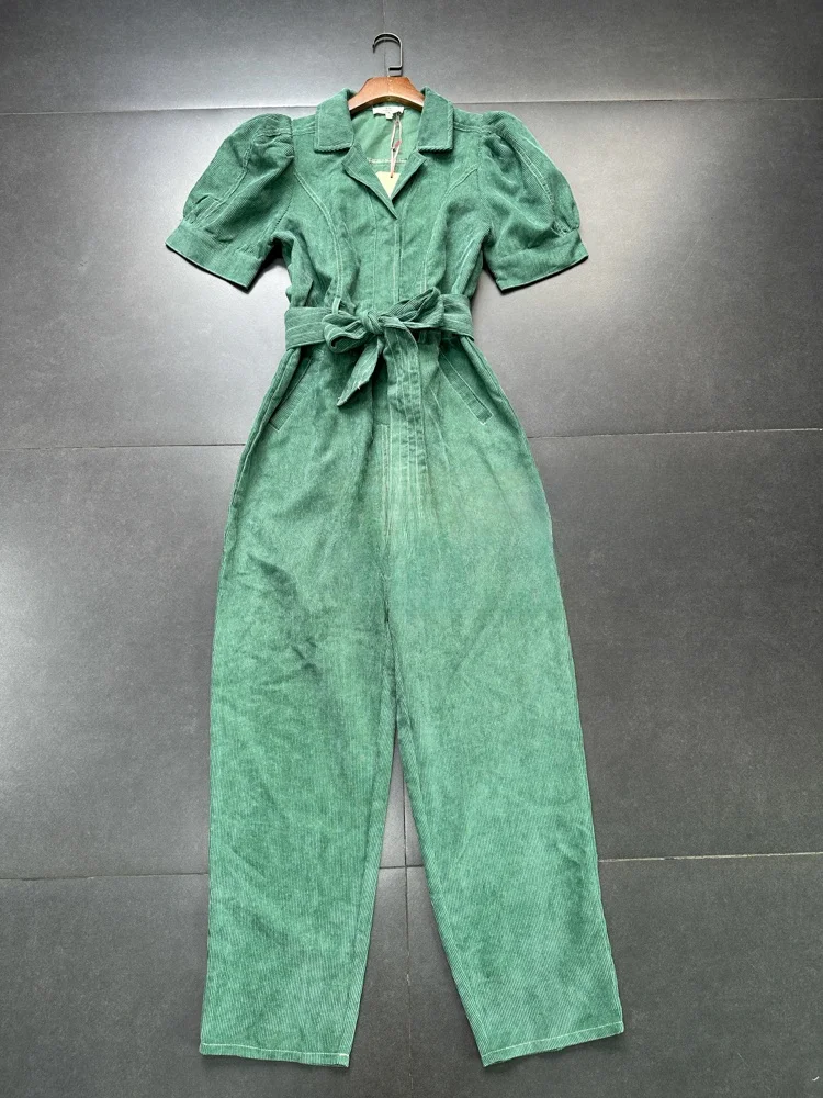 Pantalones Largos Clásicos de Pana Fina con Cuello en V de la Marca Los Ángeles, Mono Retro Elegante con Cinturón y Cintura Alta