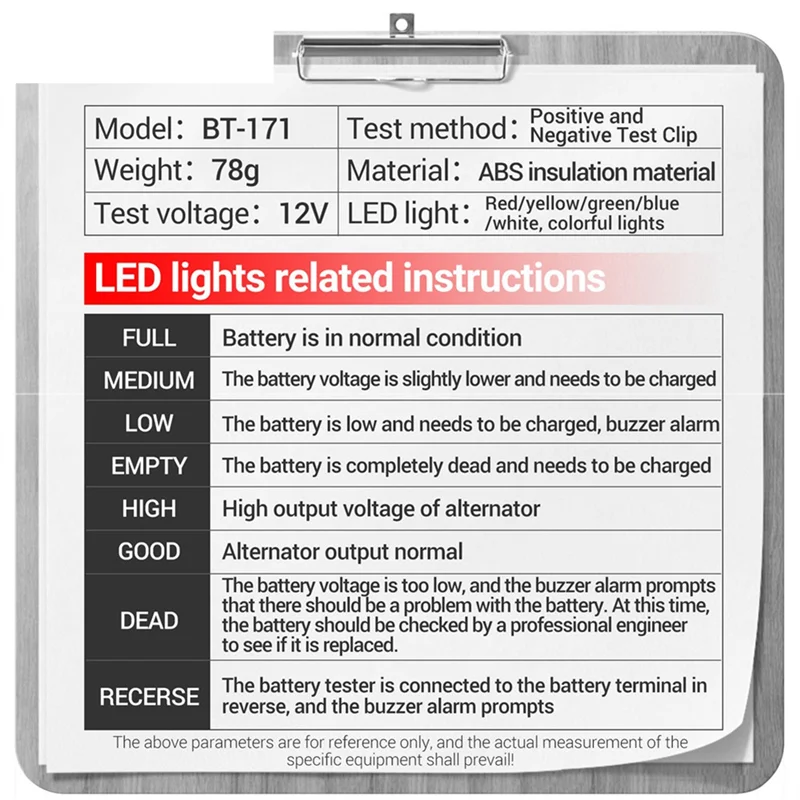 Herramientas de diagnóstico automotriz, probador de batería, BT-171, Analizador de batería de 12V