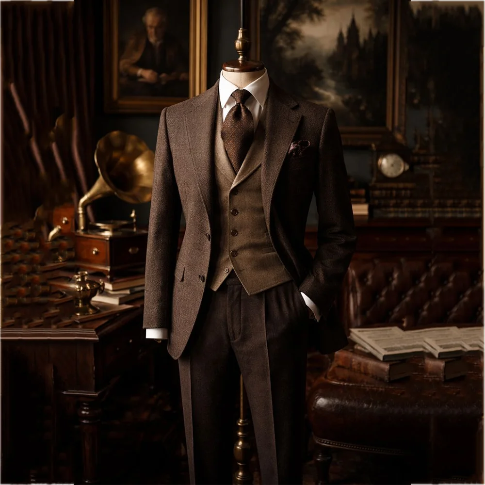 Vintage Brown Tweed Men's 3 Piece Suit Single Breasted Blazer Vest Pants Slim Fit British Retro Wedding Groom Formal Outfit Set