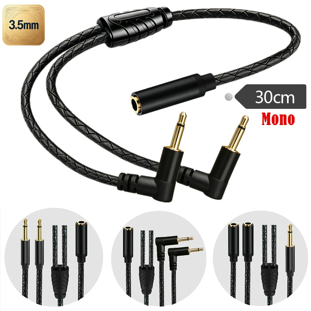 3,5mm 1-zu-2 Audio-Splitter-Adapterkabel 30cm L-Typ Vergoldet Geflochten für Kopfhörer Lautsprecher Soundkarte Mixer Monitoring