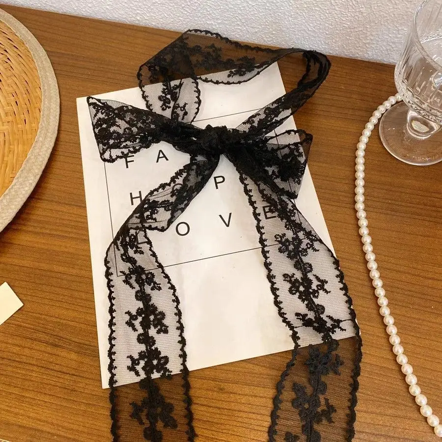 꽃 자수 머리 스카프 레이스 긴 리본 스카프 흰색 꽃 레이스 Neckerchief 장식 스트랩 목걸이 머리 랩 스카프