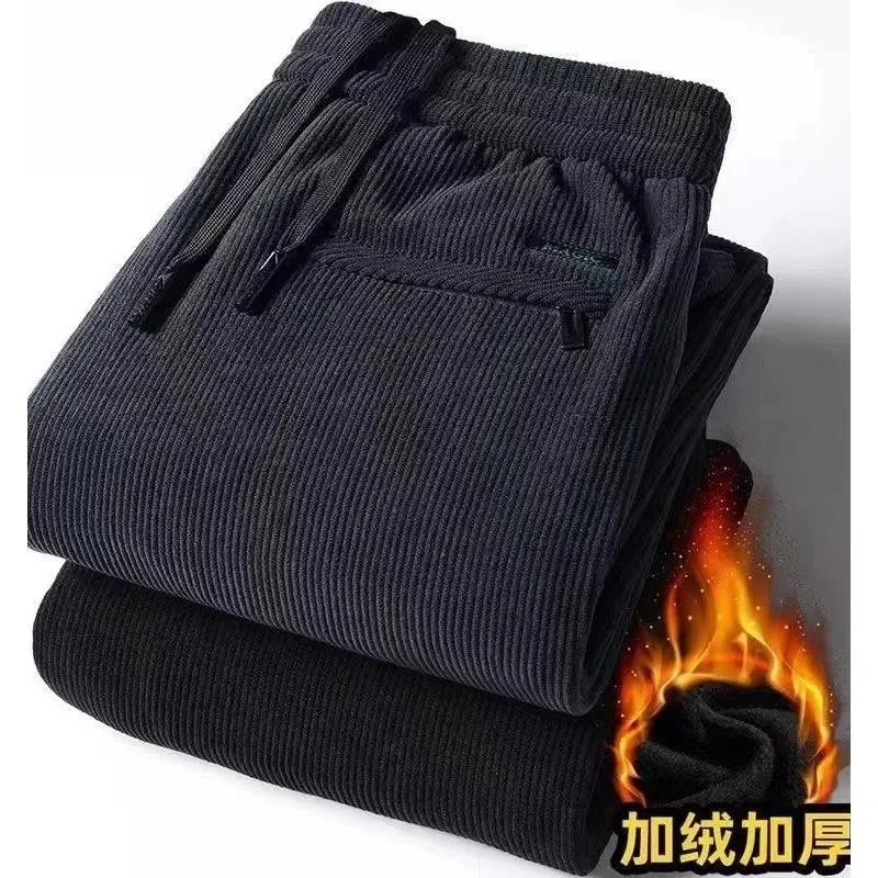 

Autumn Winter Men's Corduroy Casual Straight-leg Trousers, Thick Fleece Lined & Loose Fit Striped Pants for Middle-aged Dads