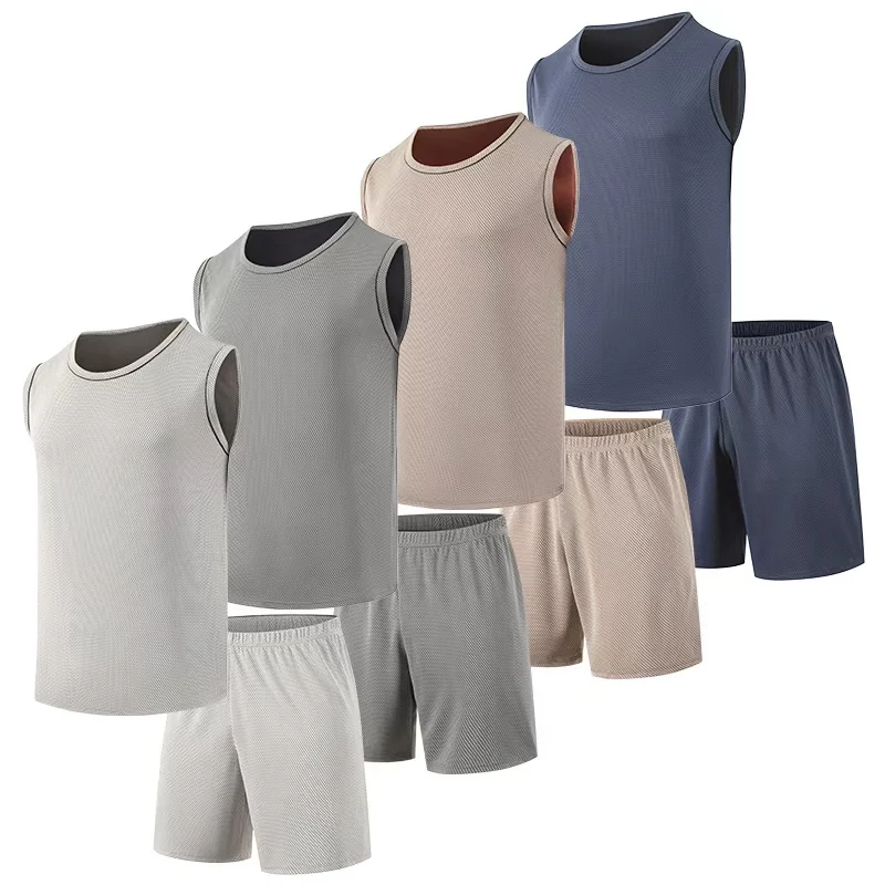 

2-piece Men's Summer New Mesh Sports Casual Vest Set Comfortable Round Neck Sleeveless Top Versatile Solid Color Running Shorts