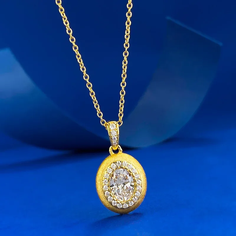 S925 silver plated gold retro egg shaped brushed pendant 5 * 7mm high-end versatile design necklace