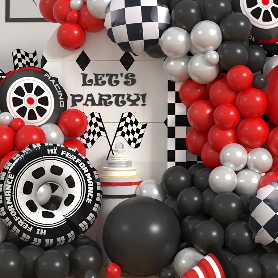 109pcs Race Car Theme Balloon Garland Arch Kit Checker Tire Red Black Latex Balloons for Boy's Birthday Party Baby Shower Decor view 4