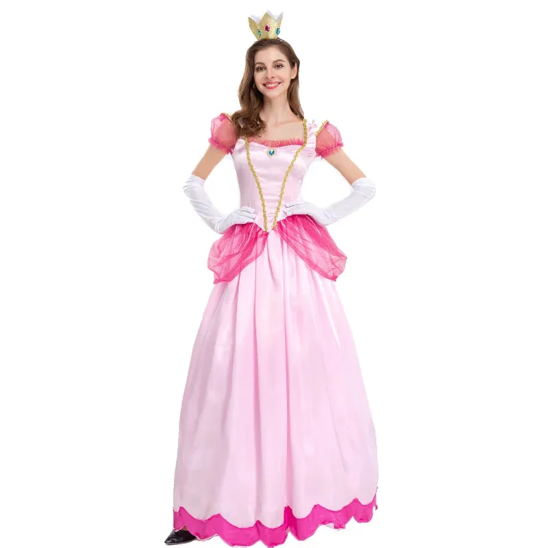 

aaa12 3Women Girls Princess Peach Beech Pink Adult Sexy Fairy Tale Palace Long Dress Performance Cosplay Costume Summer Ou