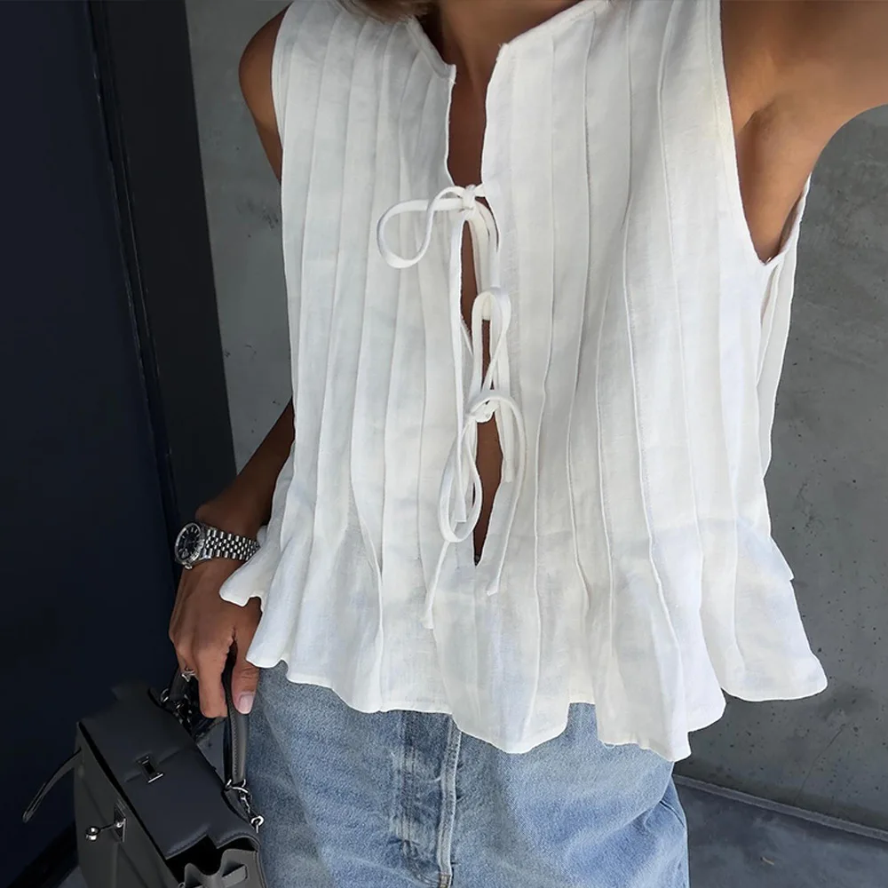 Gaono Women Tie Front Pleated Tank Top Sleeveless Cut Out Ruffle Hem Tank Vest Bandage Layered Wrinkle Tank Vocation Shirt