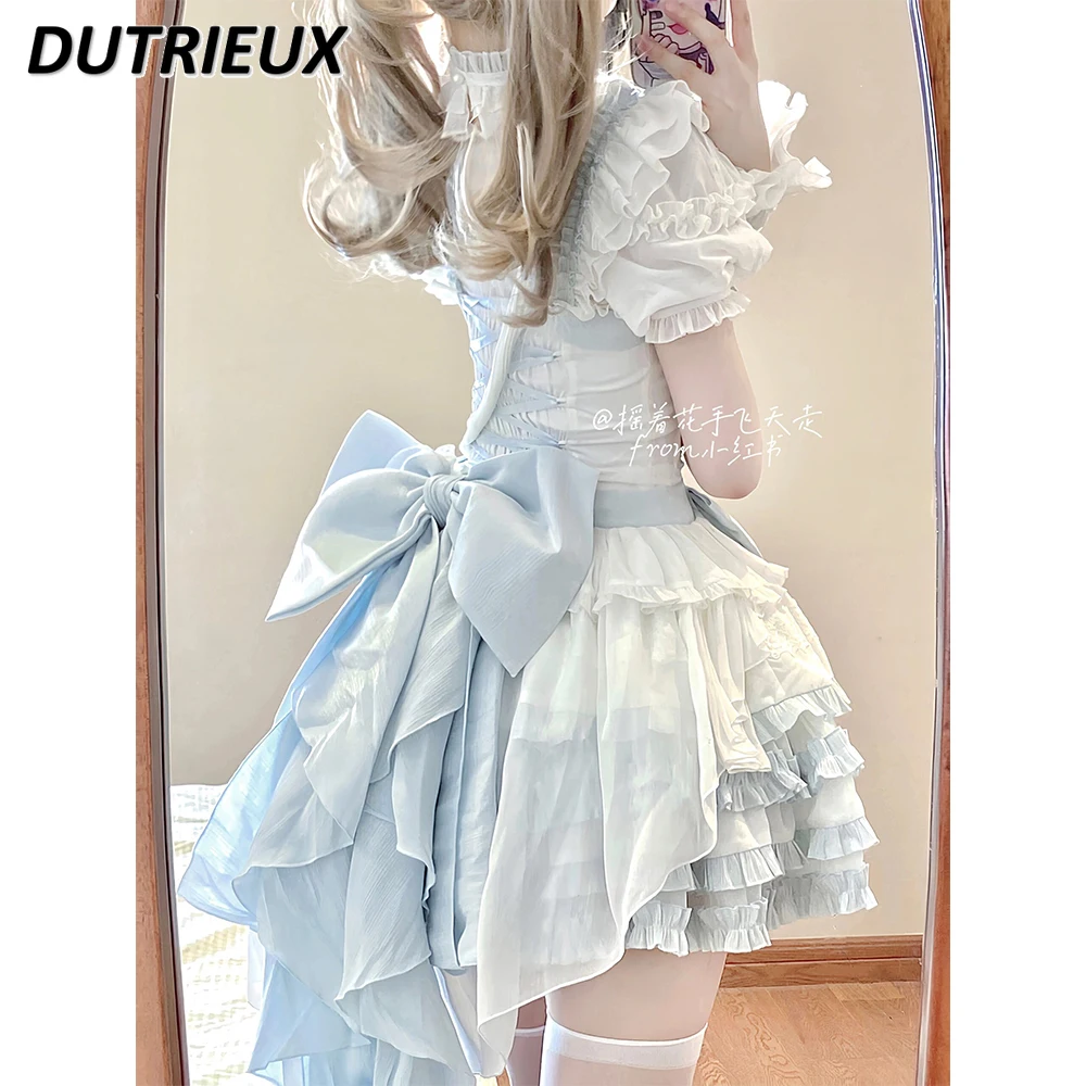 Blue White Color Matching Sweet Lolita Suspender Dress and Base Shirt Set Japanese Cute Lace Bow Sleeveless Princess Dresses