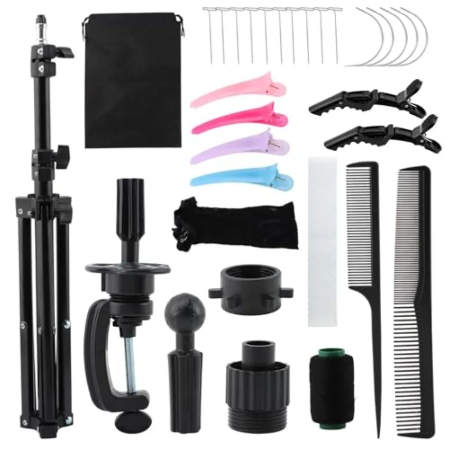 حامل شعر مستعار ثلاثي القوائم قابل للتعديل مع حامل مشبك للتدريب على التجميل وتصفيف الشعر، حقيبة تخزين محمولة متضمنة Su