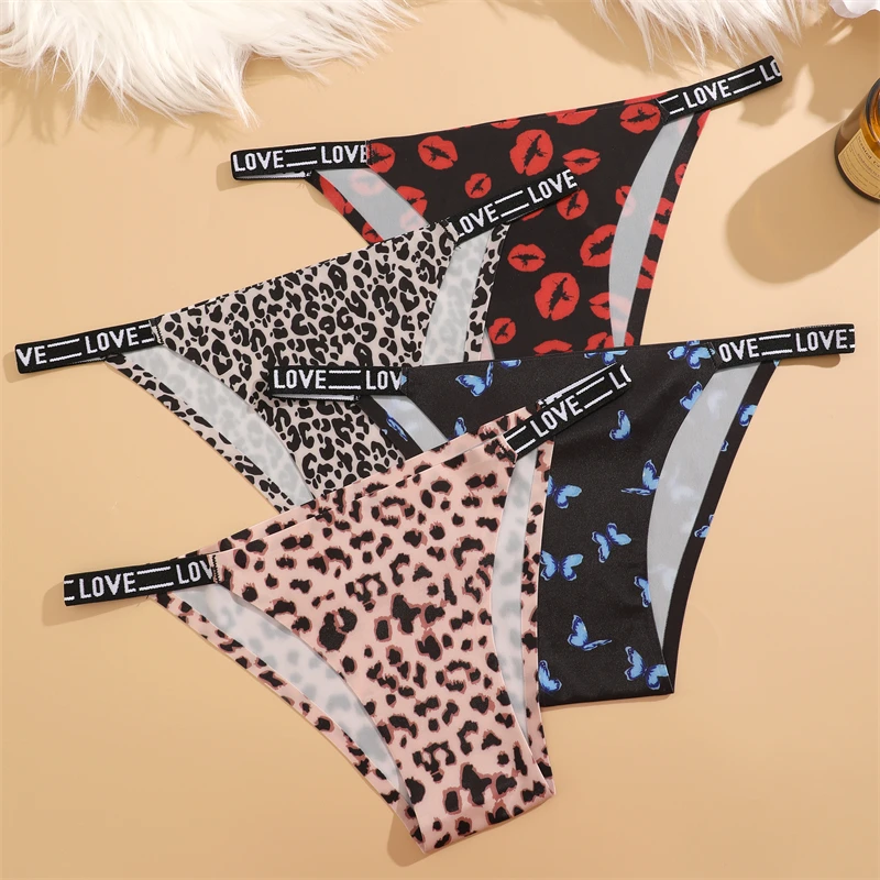 3Pcs Silk Seamless Women\'s Panties Sexy Flower Butterfly Briefs Fashion Leopard Bikini Female Letter Waist Comfortable Lingerie