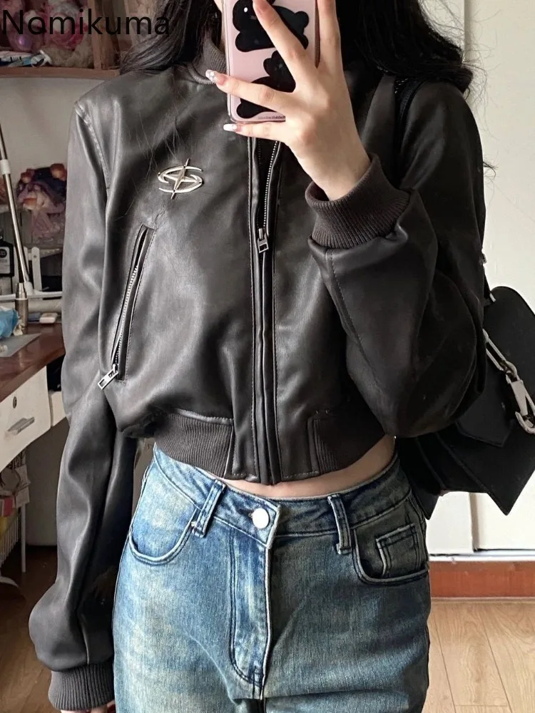 

Уличная одежда из искусственной кожи для женщин, укороченные топы 2025 Ropa Mujer, повседневная модная кожаная куртка на молнии с воротником-стойкой Y2k, корейская верхняя одежда