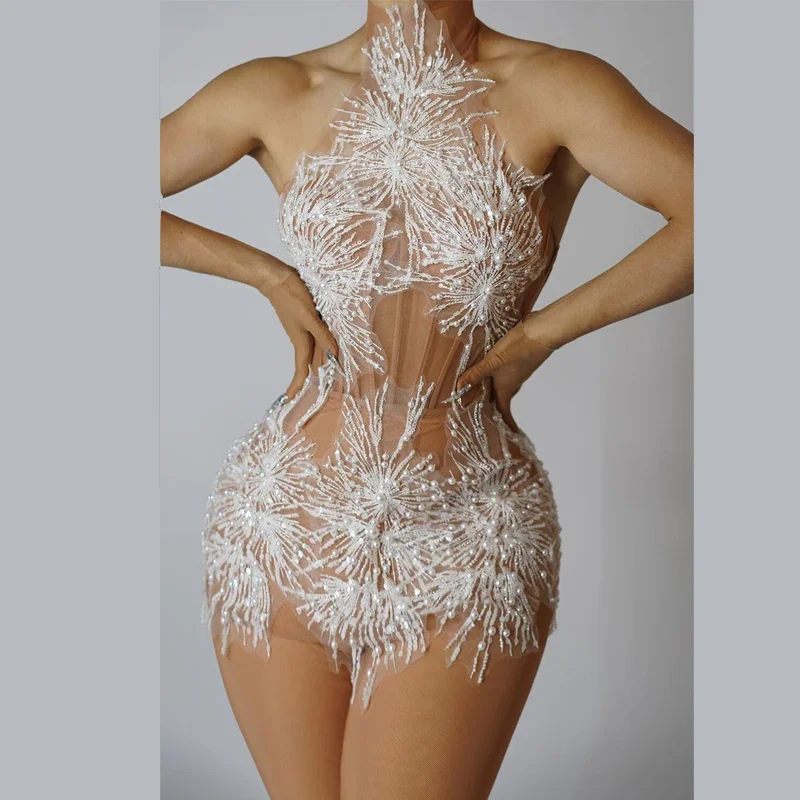 Kerst Sneeuwvlok Parels Pailletten Jurk Vrouwen Vieren Avondjurken Sexy Perspectief Gogo Kostuum Stage Festival Outfit