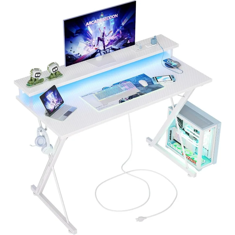 

Gaming Desk with Power Outlets & LED 40 Inch Ergonomic Computer Carbon Fiber Surface Gamer Desk, Large Monitor Stand